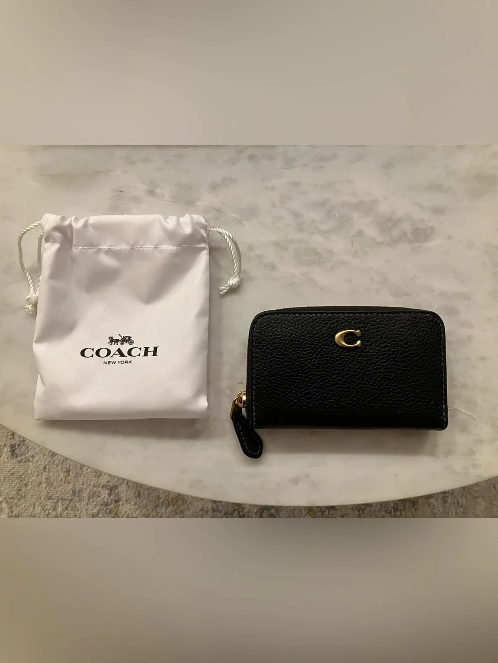 Coach Black Pebbled Leather Zip Card Case with Gold 'C'